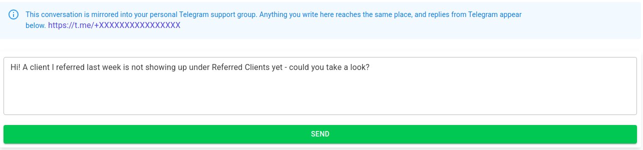 The Support page: the Telegram mirroring notice and the message box, with a message typed in